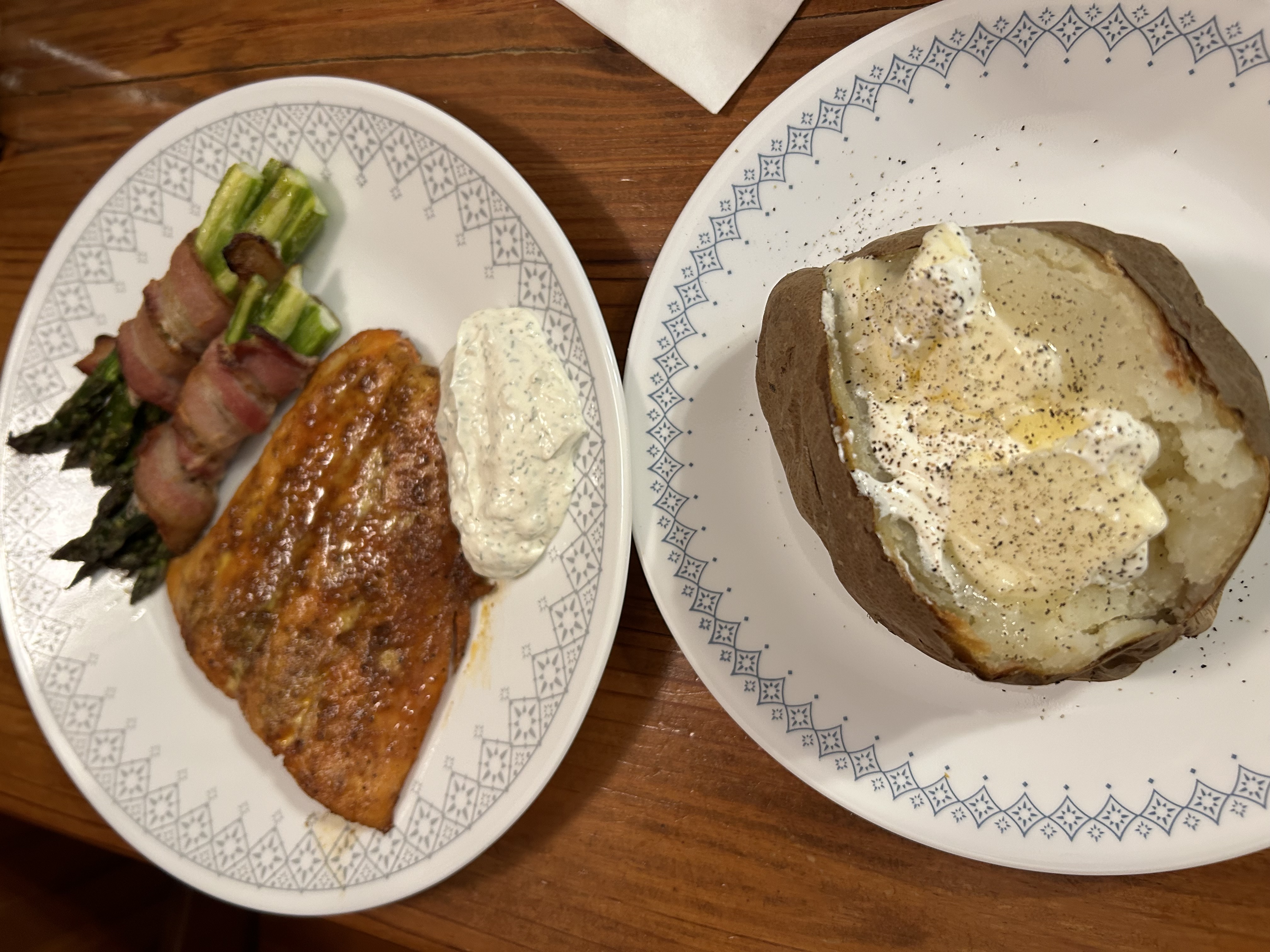 Homegrown asparagus, smoked salmon and a big’ol tater.